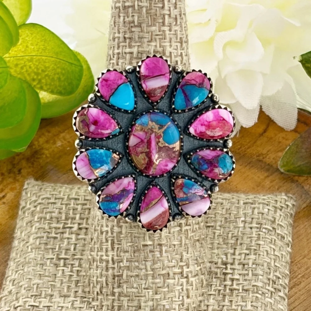 Pure Sterling Silver 925 Pink Dahlia Turquoise Cluster Ring 7 1/4 Navajo Style - Picture 8 of 11